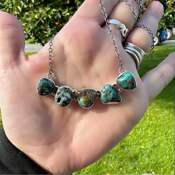 Turquoise rough chunk 5 stone southwestern sterling silver necklace - Picture 7 of 14